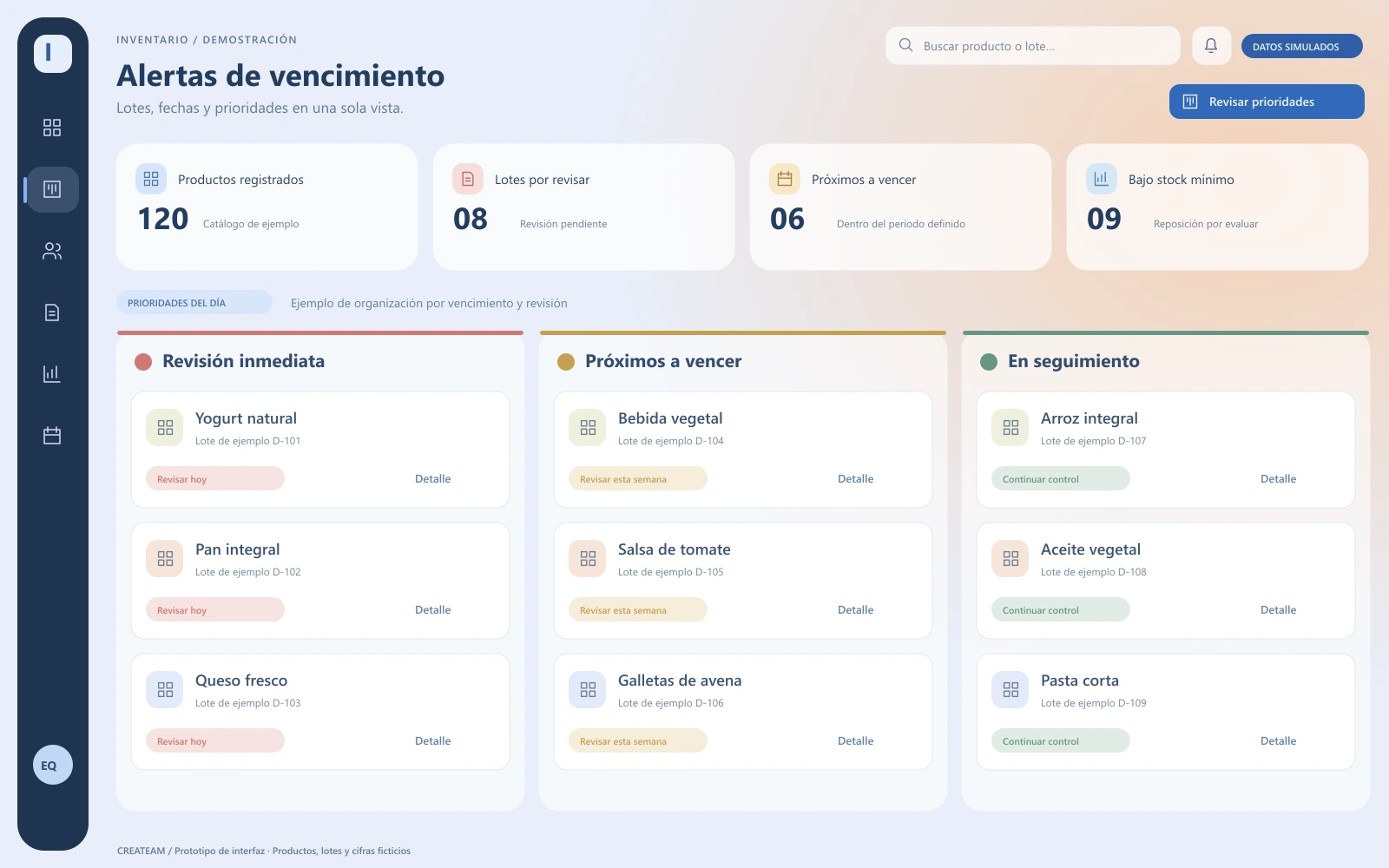 Diseño demostrativo de alertas de inventario organizadas en Revisión inmediata, Próximos a vencer y En seguimiento, con productos y lotes ficticios.